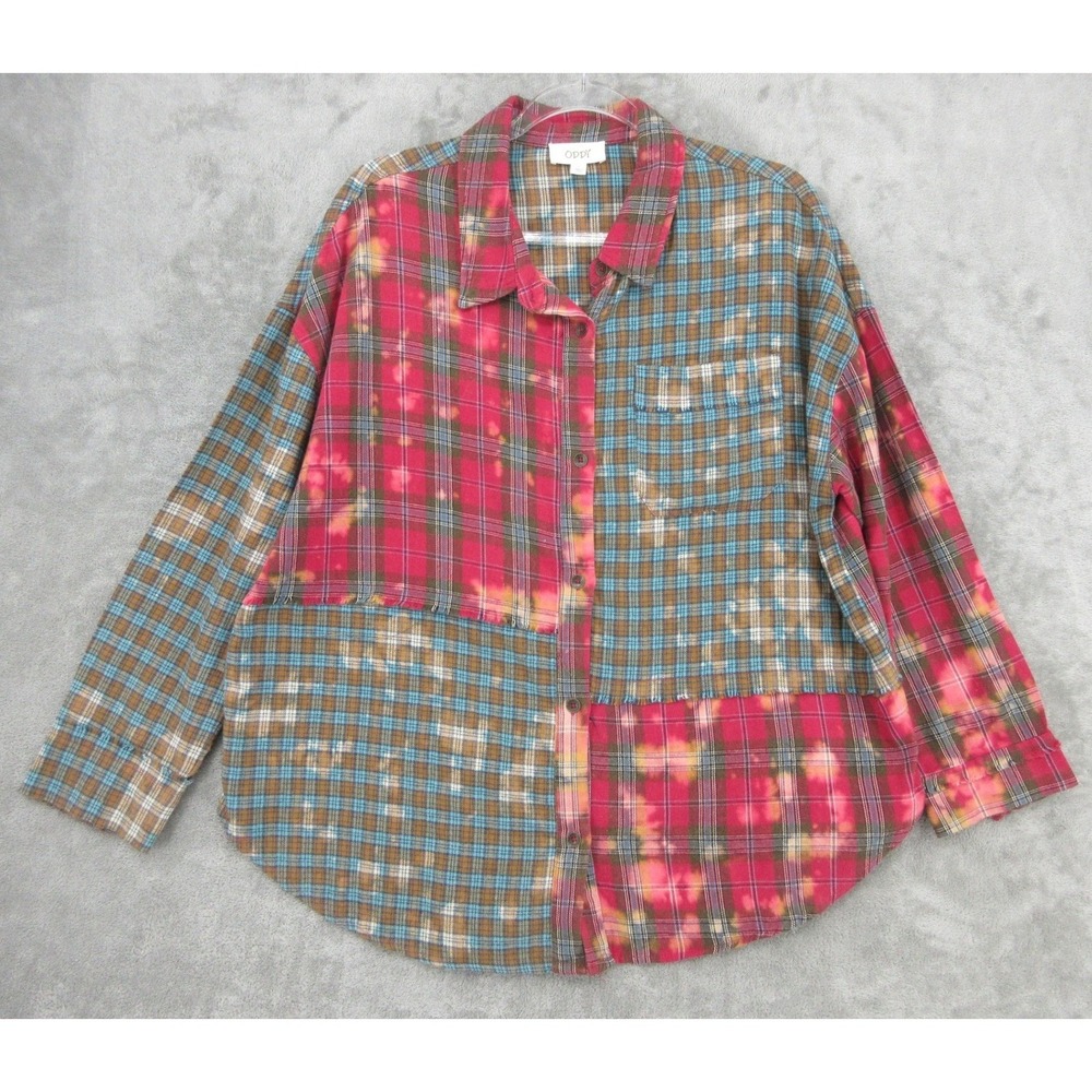 Oddi Shirt Women Large Plaid Patchwork Bleached Fringe Distressed Boho Western‎